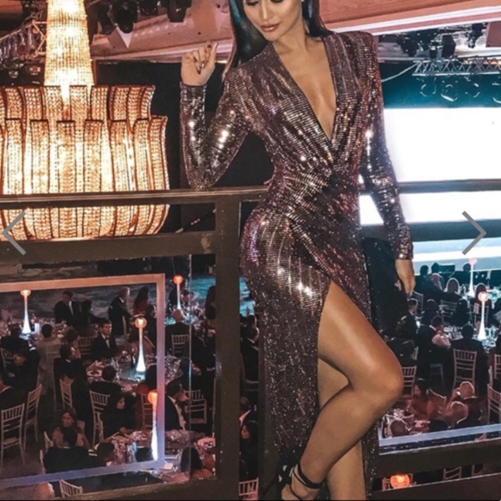 Sequin midi plunging neckline dress